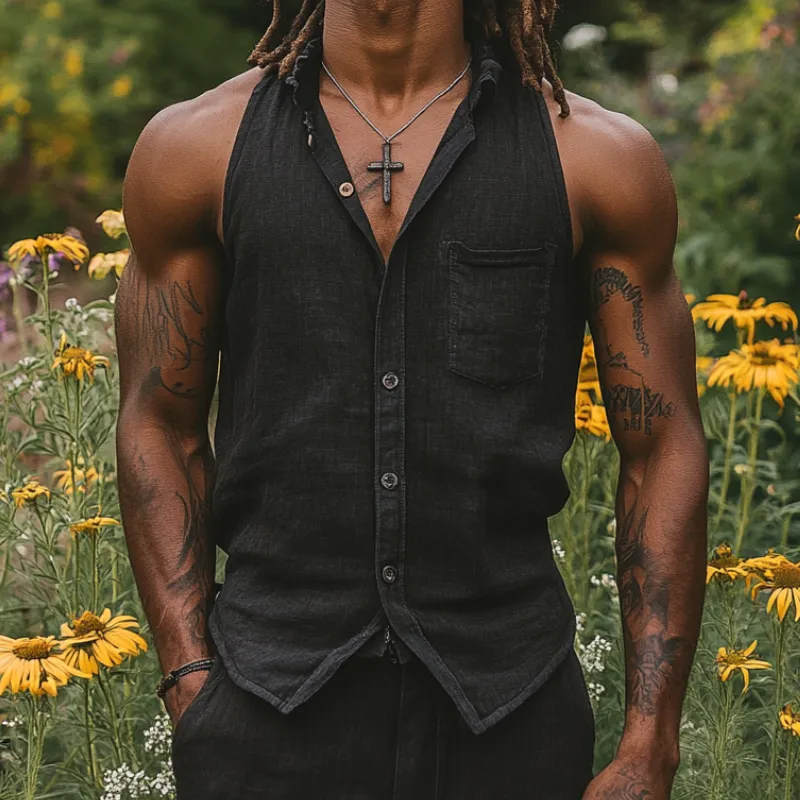 Men's Casual Cotton Linen Lapel Patch Pocket Slim Sleeveless Shirt 21906309M sold by Manly product image thumbnail 2