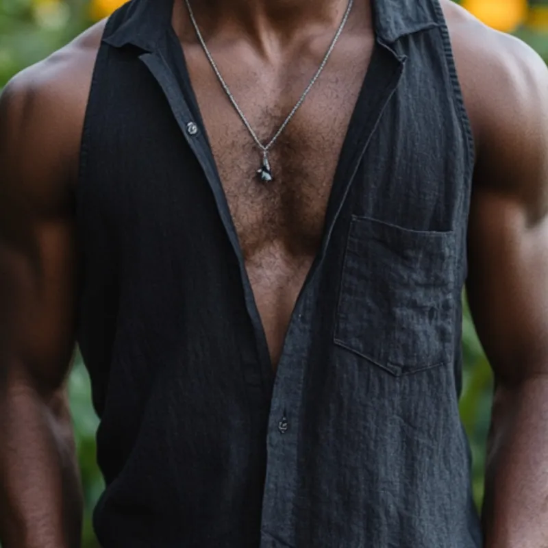 Men's Casual Cotton Linen Lapel Patch Pocket Slim Sleeveless Shirt 08328443M sold by Manly product image thumbnail 3