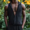 Men's Casual Cotton Linen Lapel Patch Pocket Slim Sleeveless Shirt 08328443M sold by Manly