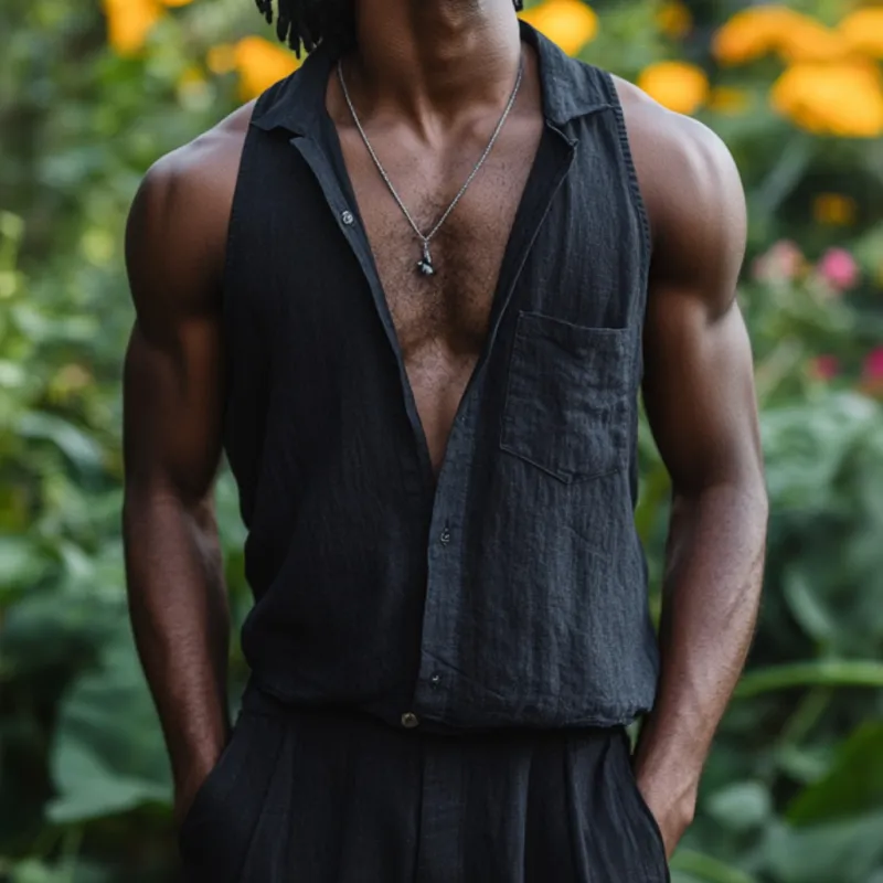 Men's Casual Cotton Linen Lapel Patch Pocket Slim Sleeveless Shirt 08328443M sold by Manly product image thumbnail 2