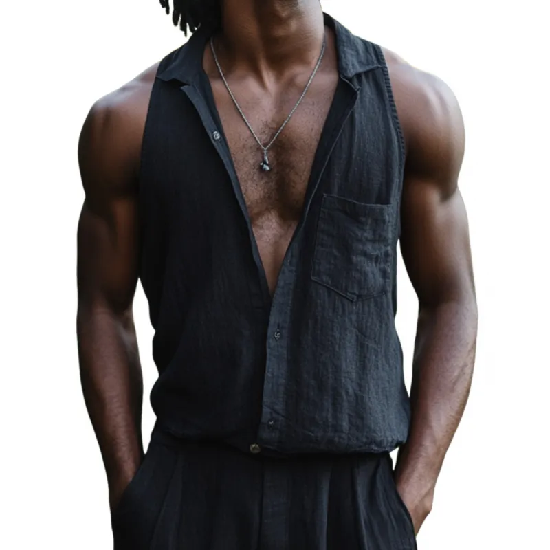 Men's Casual Cotton Linen Lapel Patch Pocket Slim Sleeveless Shirt 08328443M sold by Manly