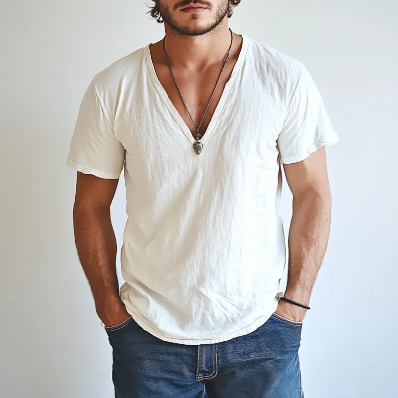 Men's Casual Cotton Linen V-neck Slim Fit Short-sleeved Shirt 01889396M sold by Manly product image thumbnail 2