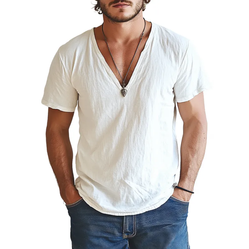 Men's Casual Cotton Linen V-neck Slim Fit Short-sleeved Shirt 01889396M sold by Manly