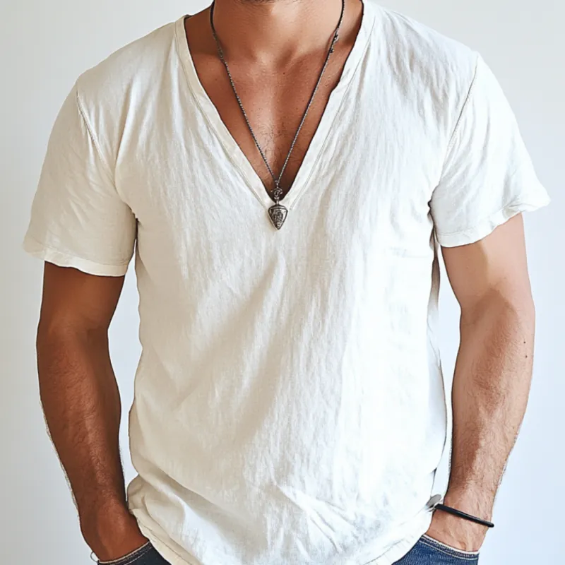 Men's Casual Cotton Linen V-neck Slim Fit Short-sleeved Shirt 01889396M sold by Manly product image thumbnail 3