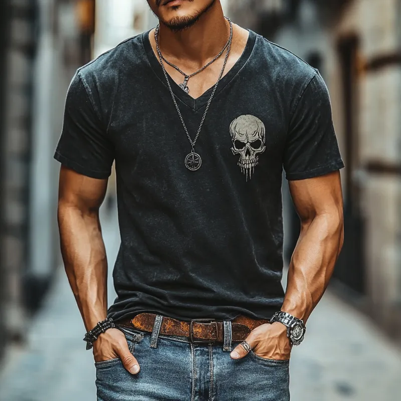 Men's Casual Cotton V-Neck Skull Print Slim Fit Short Sleeve T-Shirt 75204219M sold by Manly product image thumbnail 2