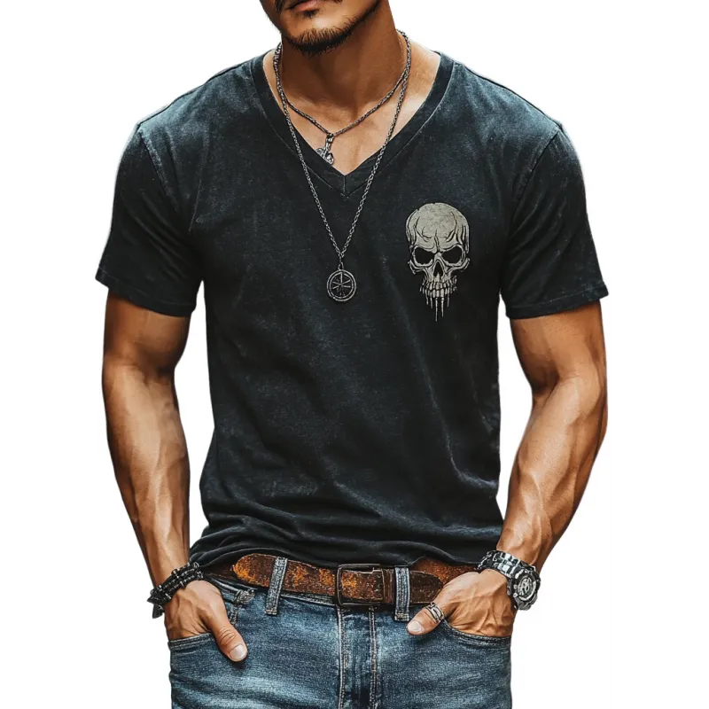 Men's Casual Cotton V-Neck Skull Print Slim Fit Short Sleeve T-Shirt 75204219M sold by Manly