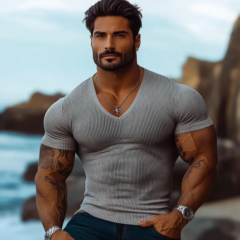 Men's Casual Rib Stripe V-neck Tight Short Sleeve T-shirt 17027891M sold by Manly product image thumbnail 3