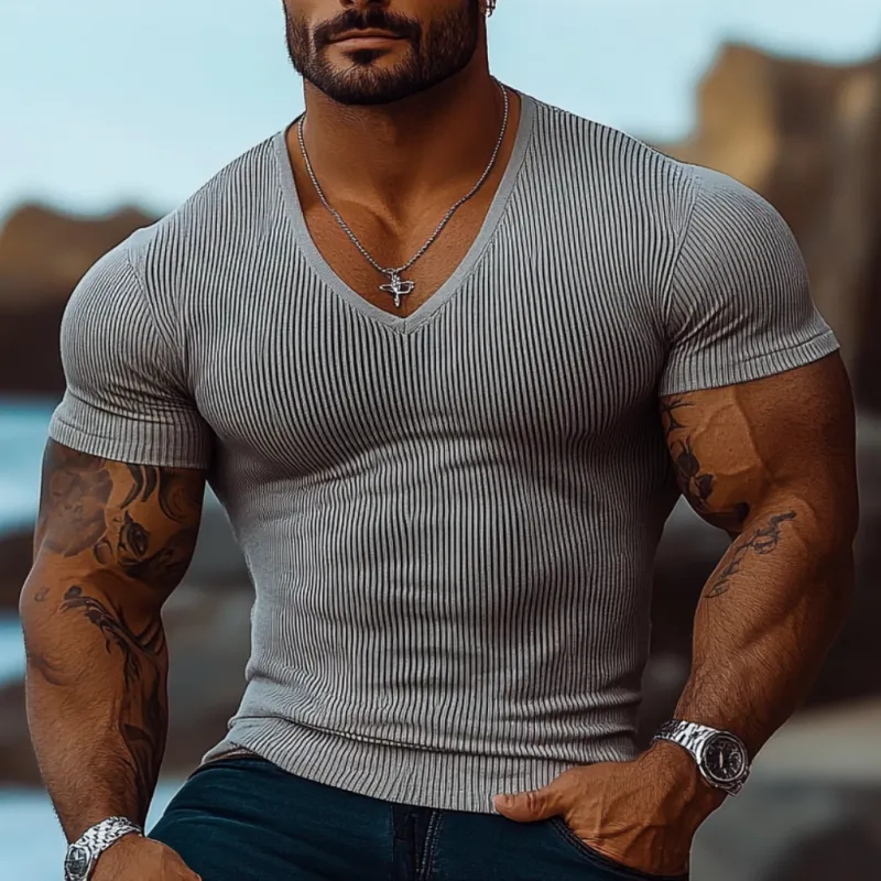 Men's Casual Rib Stripe V-neck Tight Short Sleeve T-shirt 17027891M sold by Manly product image thumbnail 2