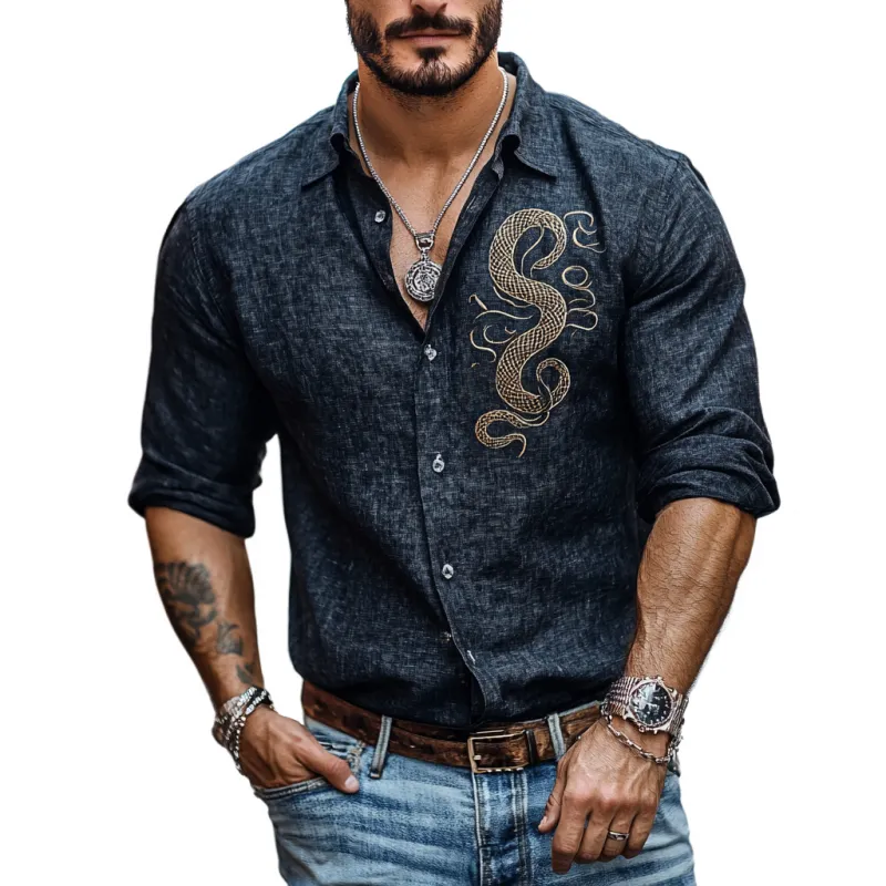Men's Casual Linen Snake Embroidery Lapel Slim Fit Long Sleeve Shirt 34086914M sold by Manly
