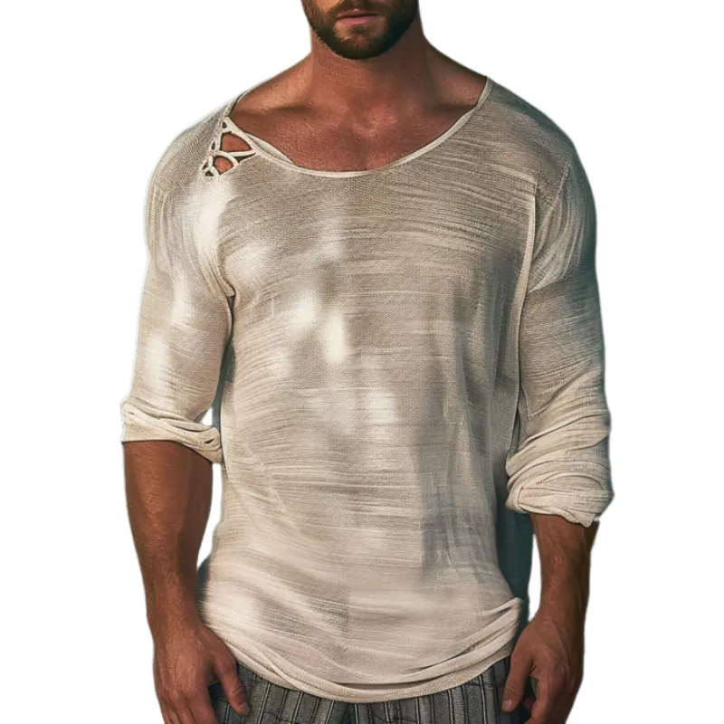 Men's Casual Round Neck Sexy Micro-transparent Mesh Long-sleeved T-shirt 61628800K sold by Manly