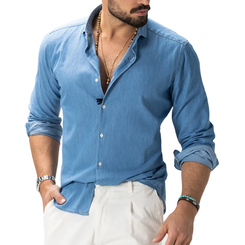 Men's Comfort Stretch Denim Lapel Long Sleeve Casual Shirt 64280905Z sold by Manly