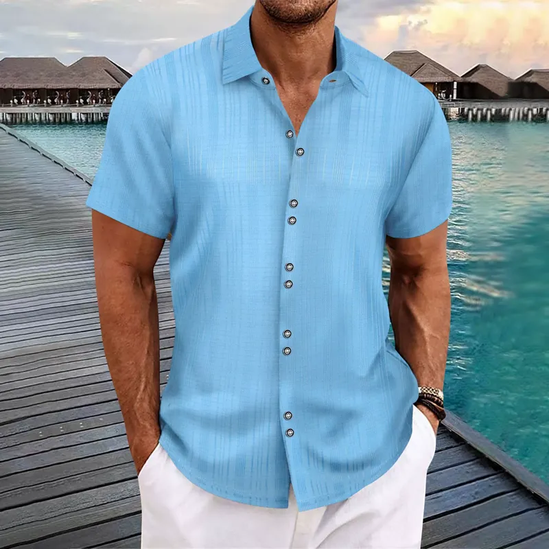 Men's Solid Checked Lapel Short Sleeve Shirt 92008949Z sold by Manly product image thumbnail 2