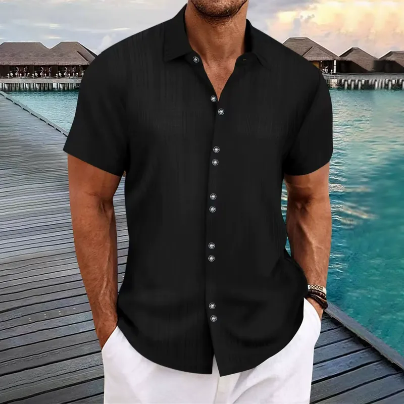 Men's Solid Checked Lapel Short Sleeve Shirt 92008949Z sold by Manly product image thumbnail 4