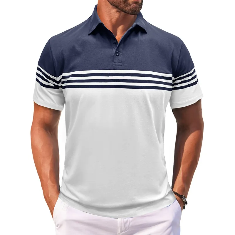 Men's Colorblock Striped Lapel Short Sleeve Polo Shirt 24502664Z sold by Manly