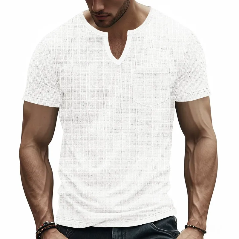 Men's Solid Color Plaid V Neck Short Sleeve T-shirt 62741460Z sold by Manly product image thumbnail 2