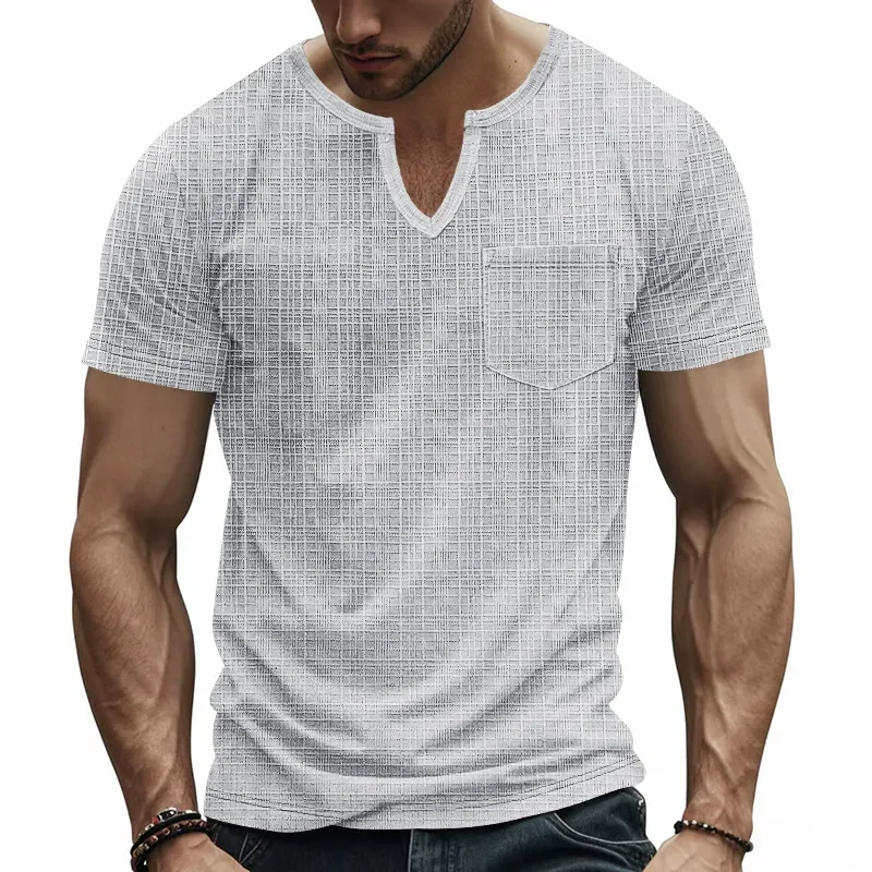 Men's Solid Color Plaid V Neck Short Sleeve T-shirt 62741460Z sold by Manly