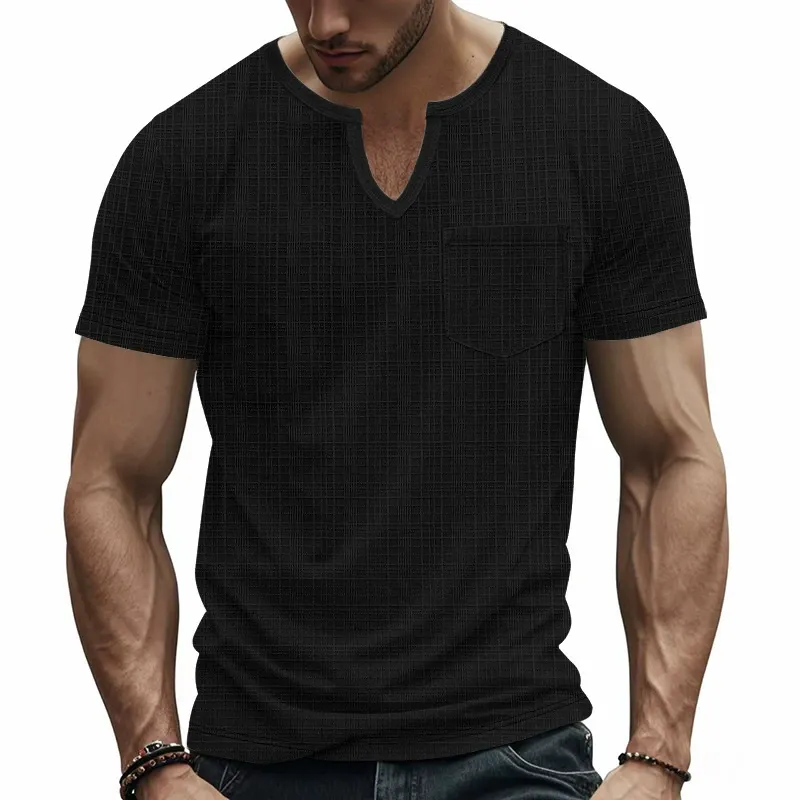 Men's Solid Color Plaid V Neck Short Sleeve T-shirt 62741460Z sold by Manly product image thumbnail 3