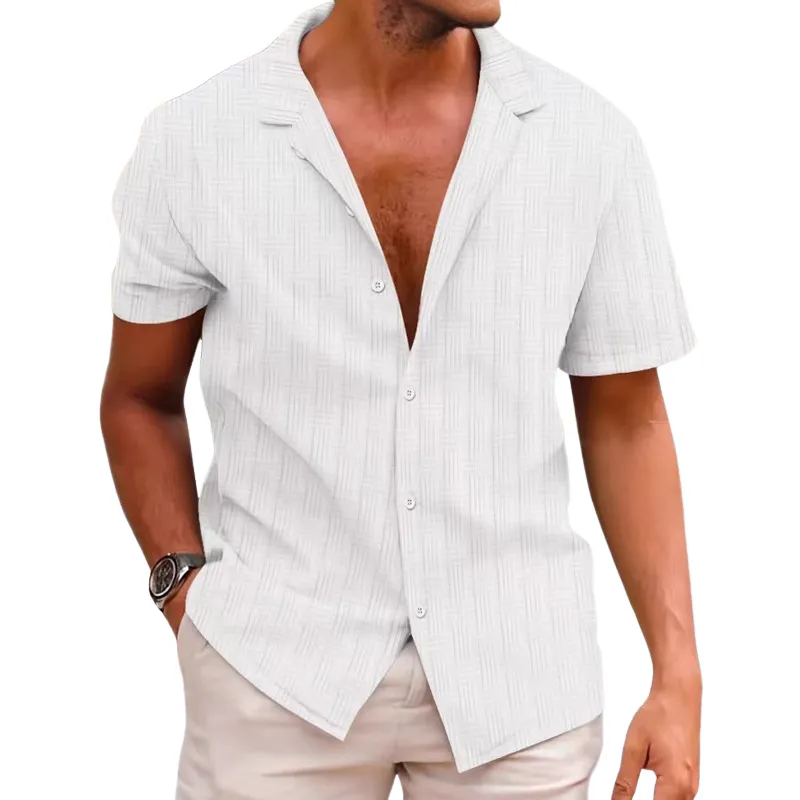 Men's Solid Textured Lapel Short Sleeve Shirt 25734697Z sold by Manly