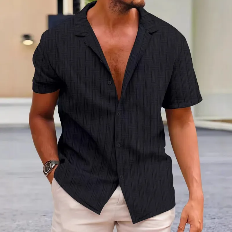 Men's Solid Textured Lapel Short Sleeve Shirt 25734697Z sold by Manly product image thumbnail 3