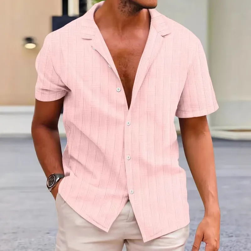 Men's Solid Textured Lapel Short Sleeve Shirt 25734697Z sold by Manly product image thumbnail 4