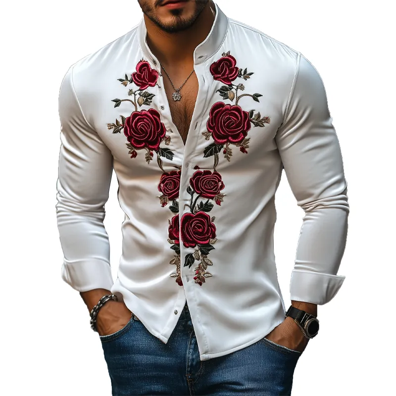 Men's Fashion Casual Retro Satin Rose Embroidery Stand Collar Long Sleeve Shirt 48746837K sold by Manly