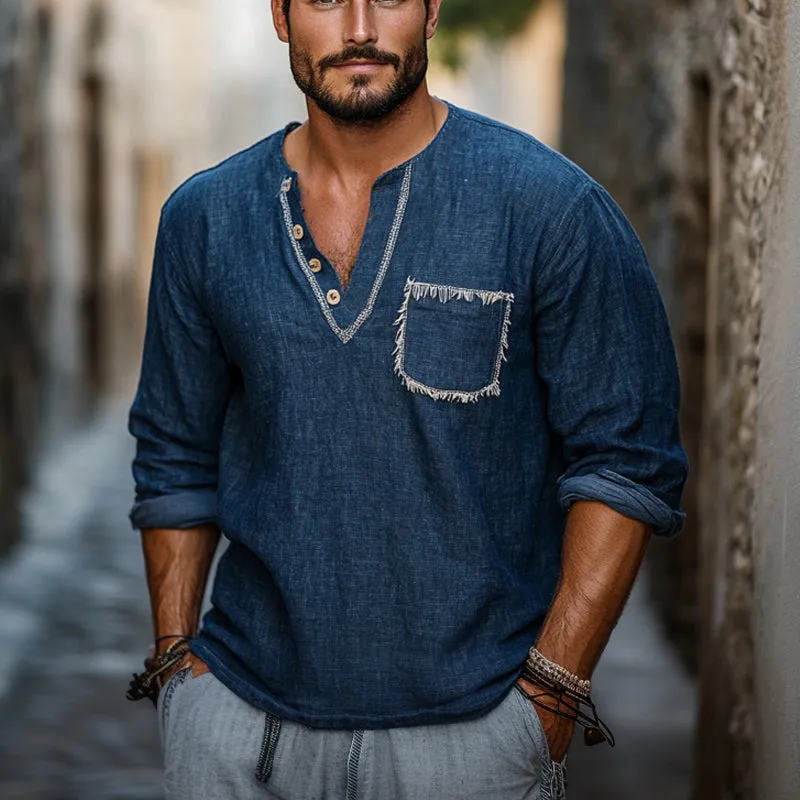 Men's Retro Navy V-neck Casual Long Sleeve T-shirt 61313574U sold by Manly product image thumbnail 2