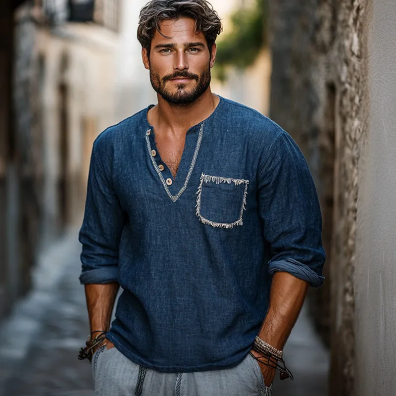 Men's Retro Navy V-neck Casual Long Sleeve T-shirt 61313574U sold by Manly product image thumbnail 3