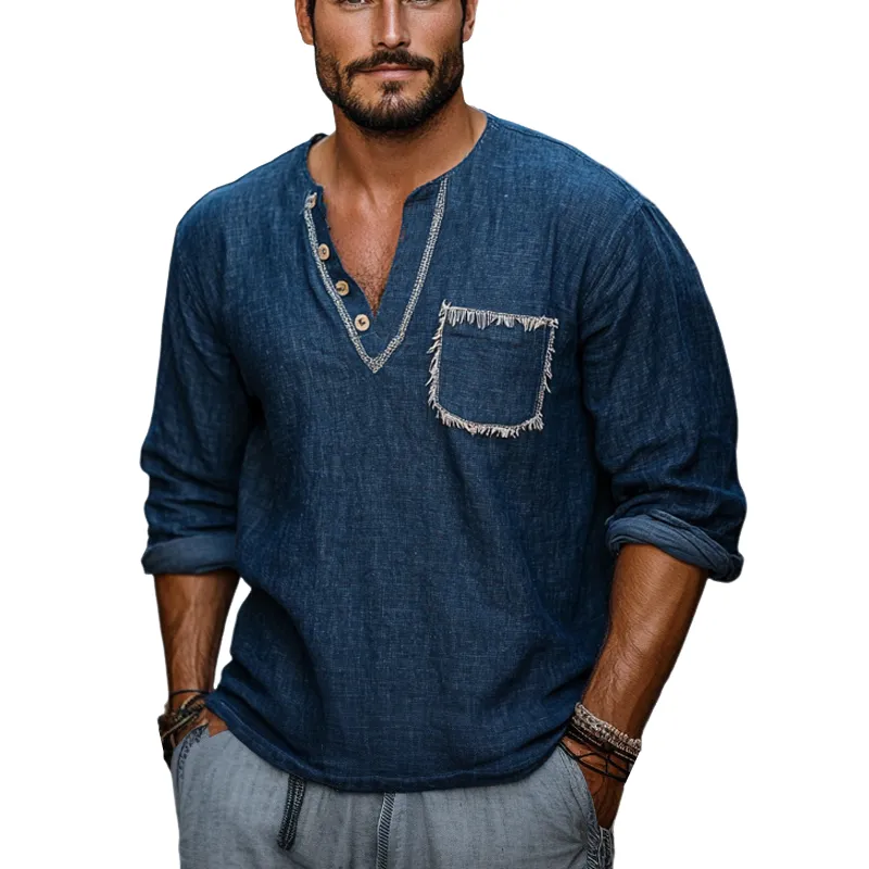 Men's Retro Navy V-neck Casual Long Sleeve T-shirt 61313574U sold by Manly