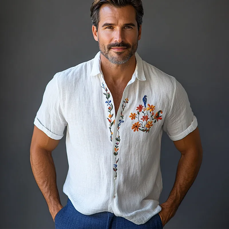 Men's Cotton and Linen Embroidered Casual Short-sleeved Shirt 30453771U sold by Manly product image thumbnail 3