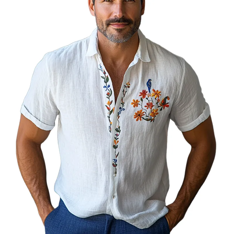 Men's Cotton and Linen Embroidered Casual Short-sleeved Shirt 30453771U sold by Manly