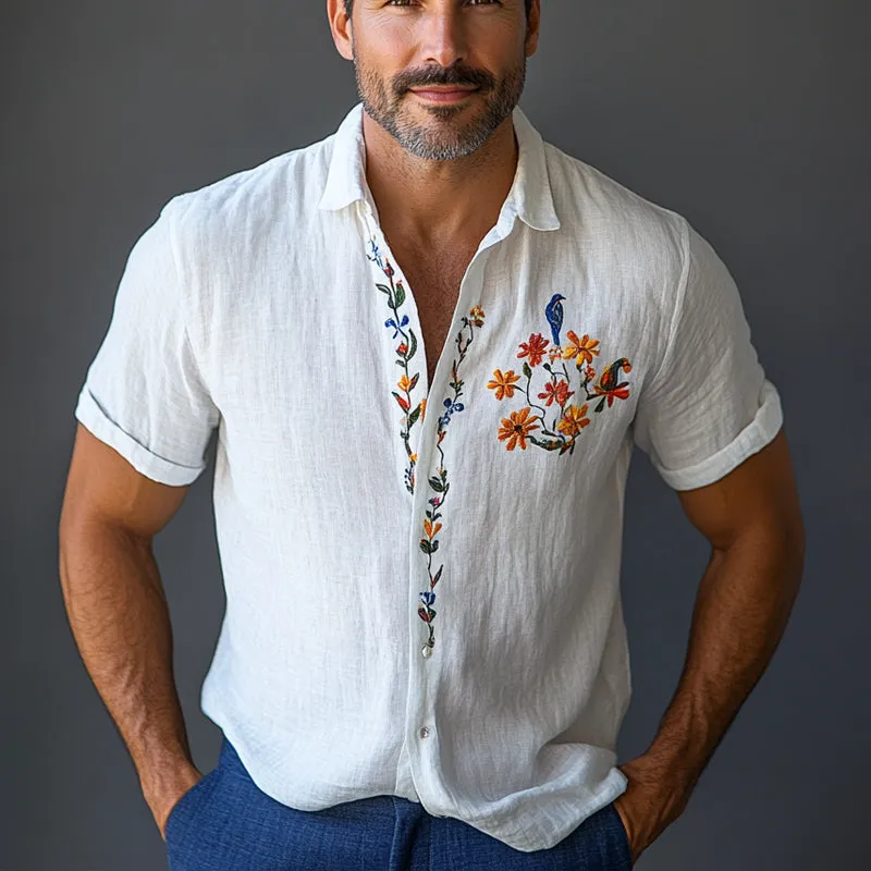 Men's Cotton and Linen Embroidered Casual Short-sleeved Shirt 30453771U sold by Manly product image thumbnail 2