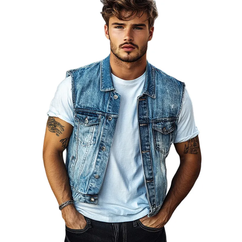 Men's Vintage Blue Washed Denim Lapel Vest 13837540U sold by Manly product image thumbnail 3