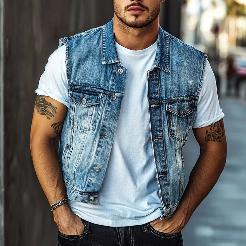 Men's Vintage Blue Washed Denim Lapel Vest 13837540U sold by Manly product image thumbnail 2