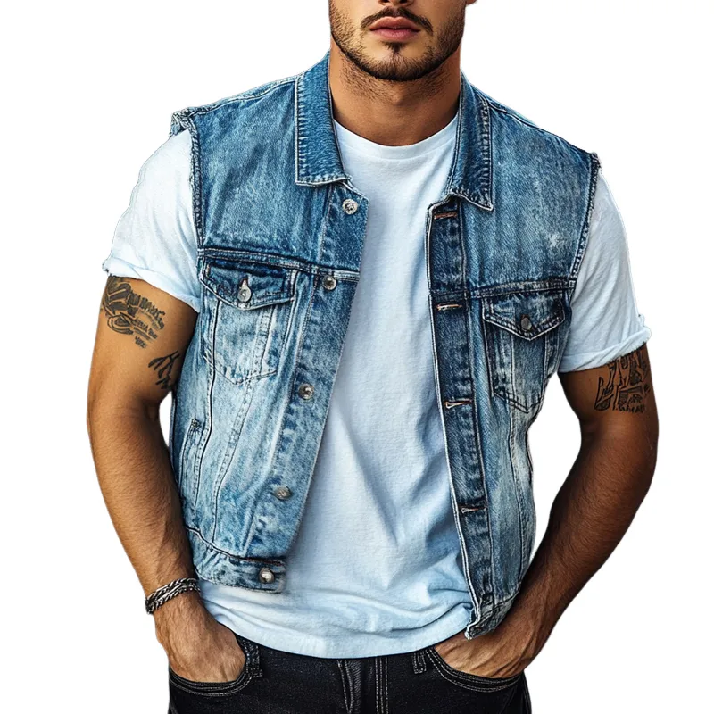 Men's Vintage Blue Washed Denim Lapel Vest 13837540U sold by Manly