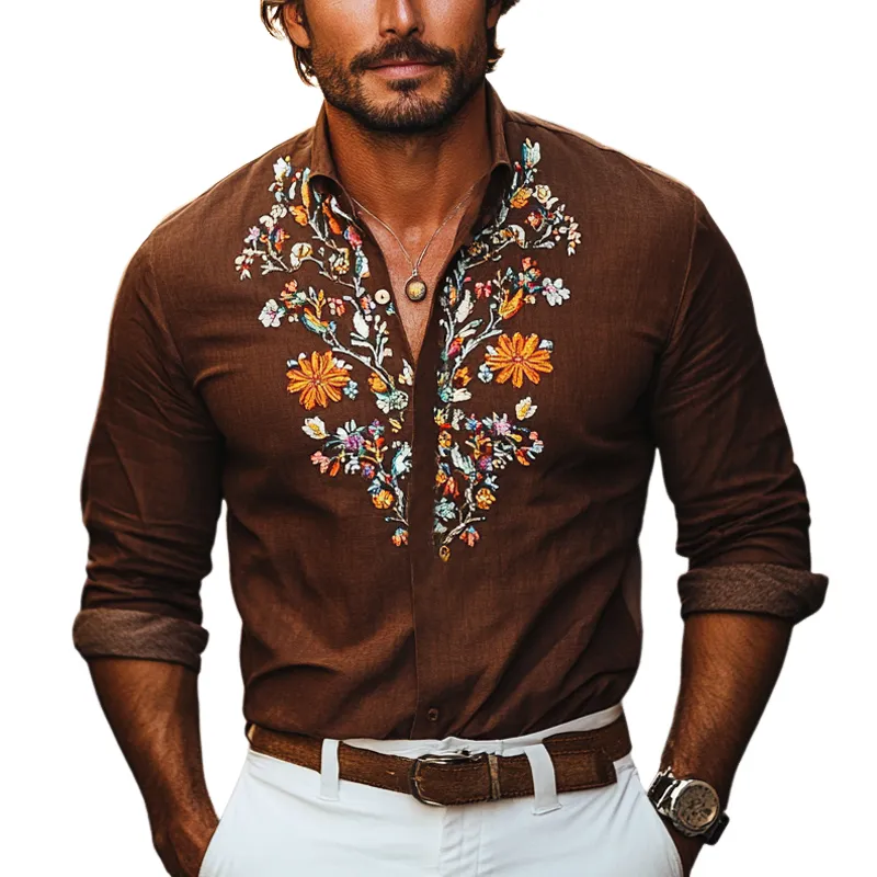 Men's Vintage Cotton and Linen Embroidered Casual Long Sleeve Shirt 16892264U sold by Manly