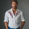 Men's Cotton and Linen Embroidered Polo Collar Casual Long Sleeve T-Shirt 59276361U sold by Manly