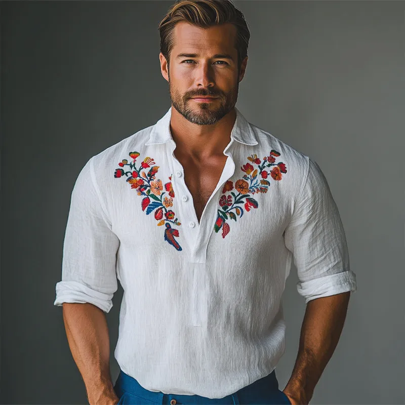 Men's Cotton and Linen Embroidered Polo Collar Casual Long Sleeve T-Shirt 59276361U sold by Manly product image thumbnail 3