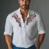 Men's Cotton and Linen Embroidered Polo Collar Casual Long Sleeve T-Shirt 59276361U sold by Manly