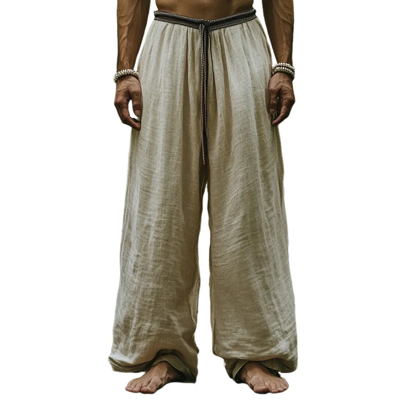 Men's Straight Loose Cotton and Linen Vintage Belt Casual Pants 02939758U sold by Manly