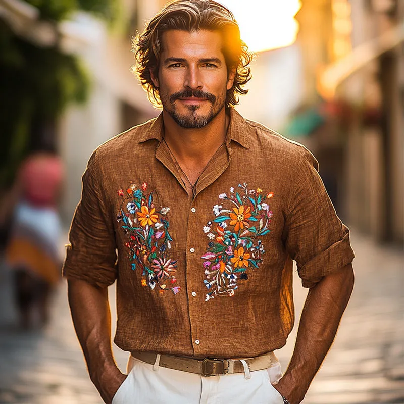 Men's Vintage Cotton and Linen Embroidered Casual Long Sleeve Shirt 90655692U sold by Manly product image thumbnail 3