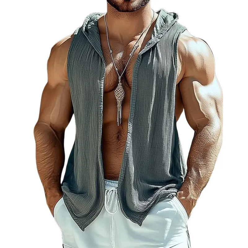 Men's Dark Gray Textured Hooded Unbuttoned Tank Top 38719749U sold by Manly
