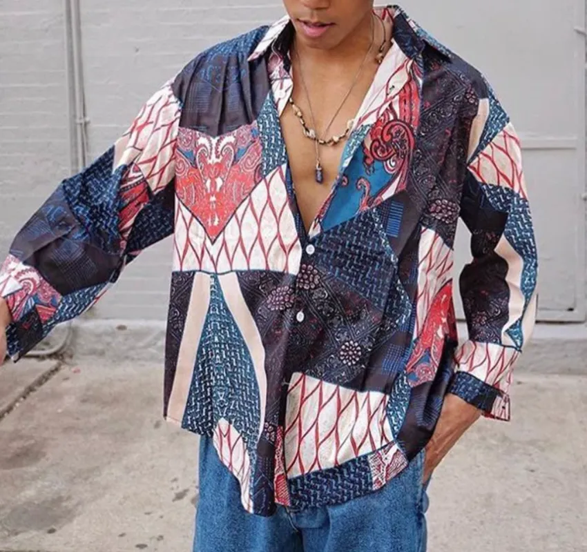 Men's Casual Printed Lapel Loose Long-sleeved Shirt MT03135PRYHI sold by Manly