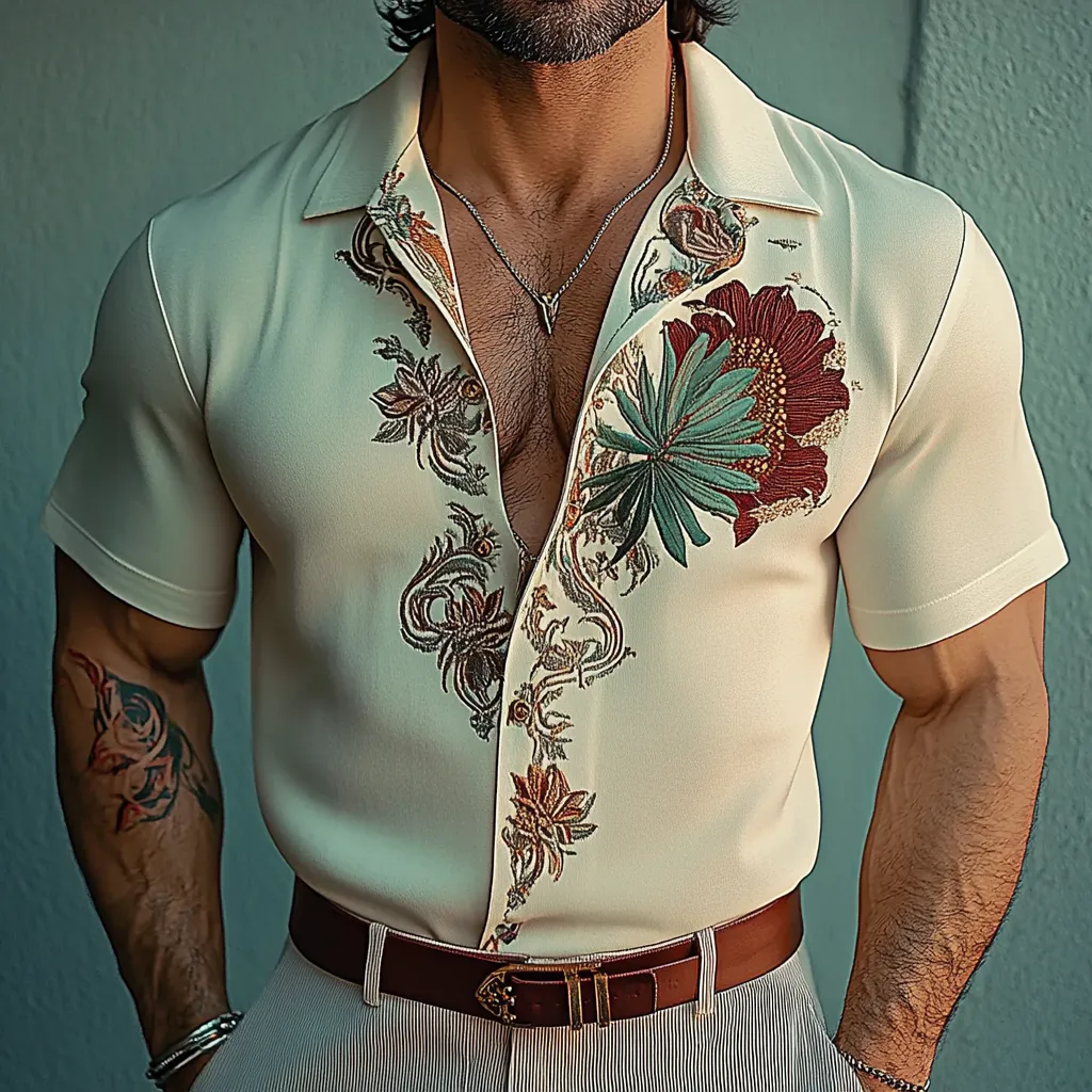 Men's Fashion Floral Embroidery Short Sleeve Shirt 39136608P sold by Manly product image thumbnail 2
