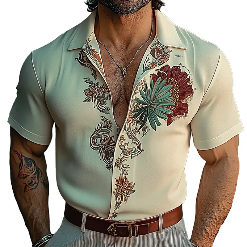 Men's Fashion Floral Embroidery Short Sleeve Shirt 39136608P sold by Manly