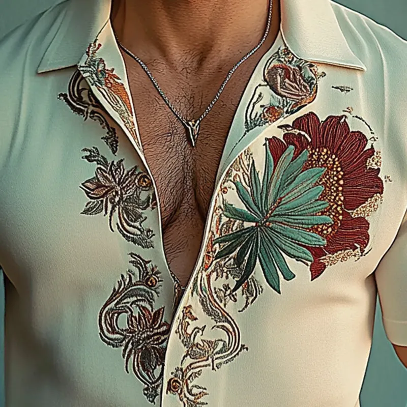 Men's Fashion Floral Embroidery Short Sleeve Shirt 39136608P sold by Manly product image thumbnail 3