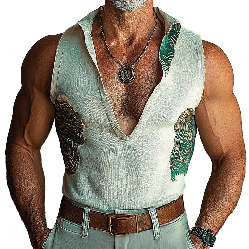 Men's Deep V Stand Collar Printed Vest 04914463P sold by Manly