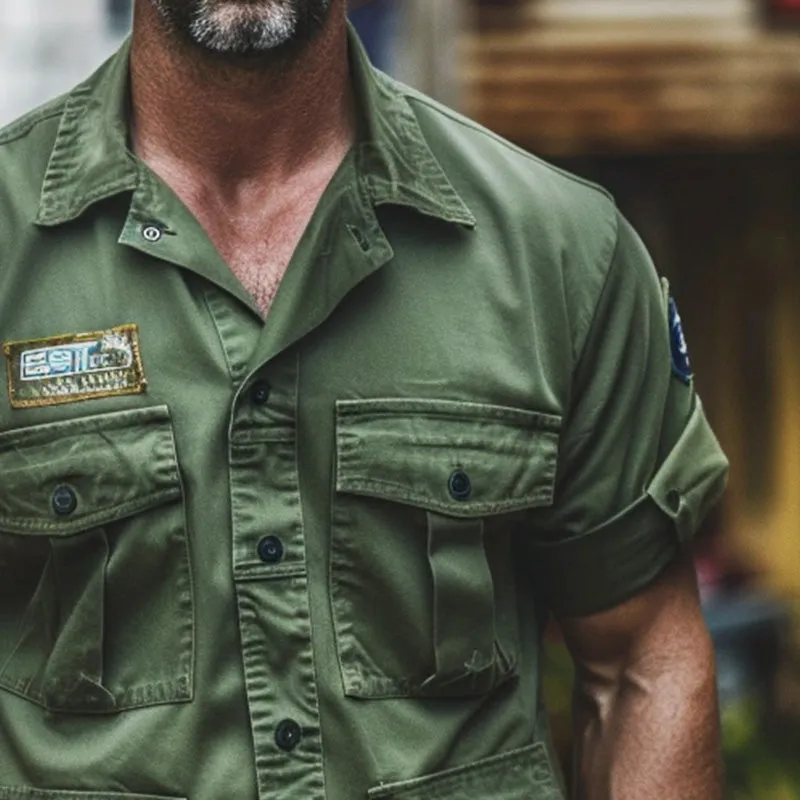 Men's Army Green Multi-Pocket Short Sleeve Work Shirt 25651703P sold by Manly product image thumbnail 4