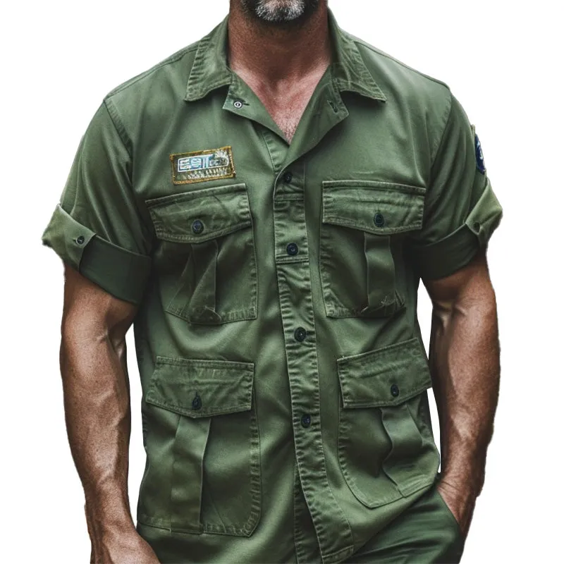 Men's Army Green Multi-Pocket Short Sleeve Work Shirt 25651703P sold by Manly