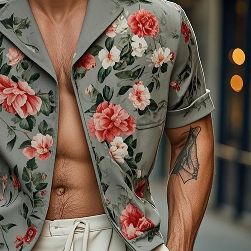 Men's Fashion Floral Print Short Sleeve Shirt Jacket 72885024P sold by Manly product image thumbnail 4