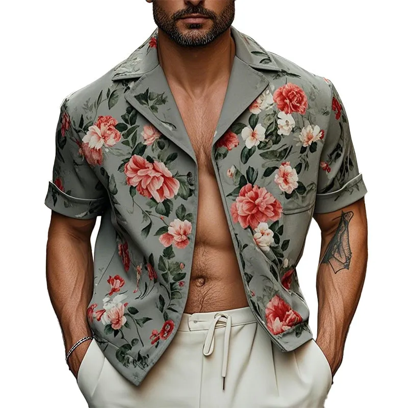 Men's Fashion Floral Print Short Sleeve Shirt Jacket 72885024P sold by Manly